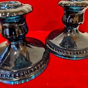 Tiara! Great condition Set of 2 bicentennial colonial glass blue candle holders.
